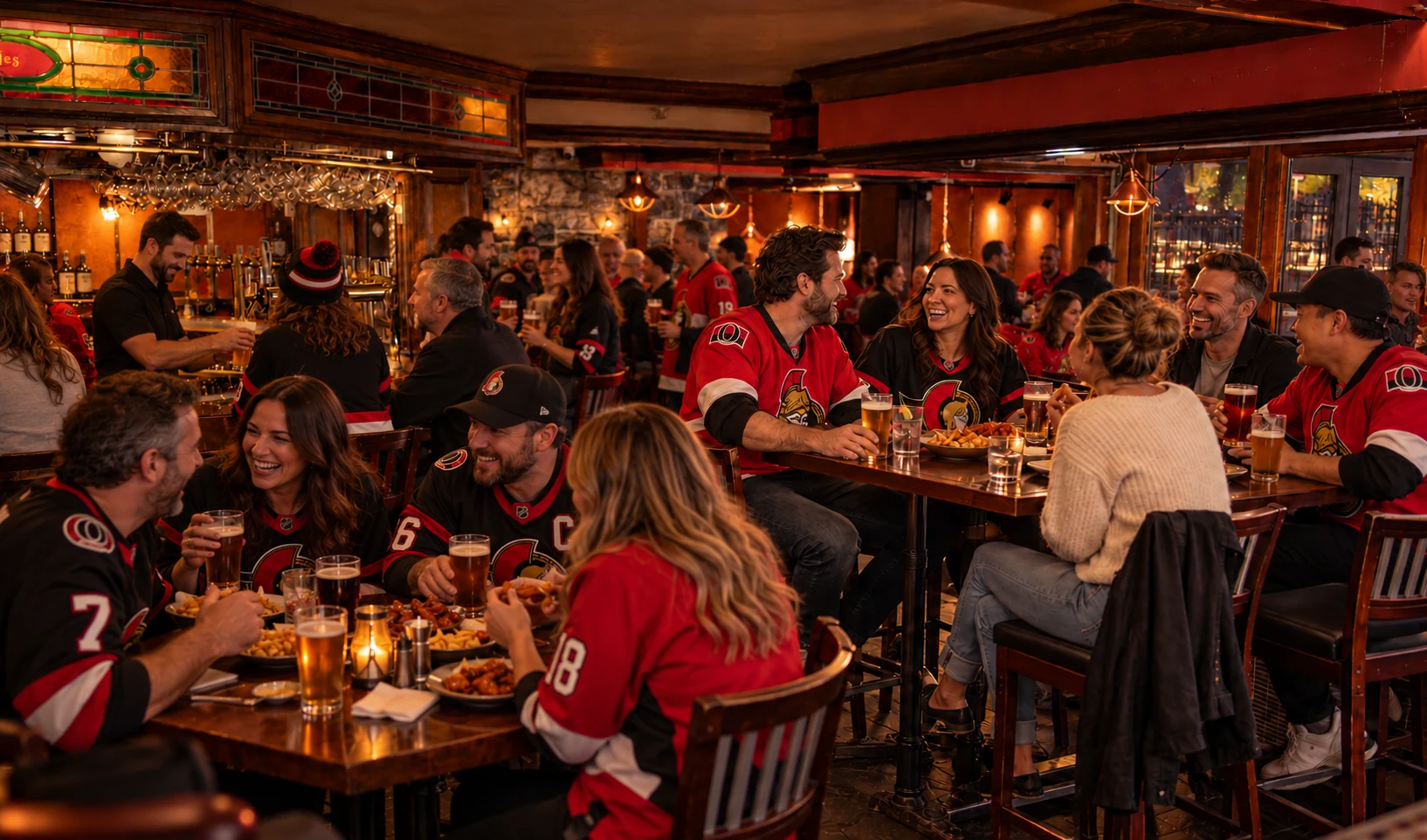 AI-generated pregame scene in The Pump’s Front Room, with a busy crowd of Senators fans at tables and the bar before a game